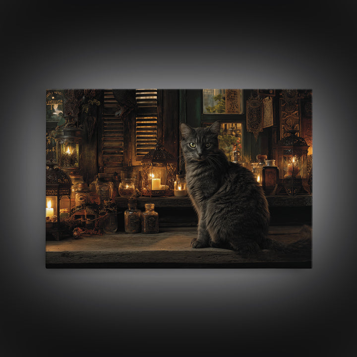 The Witch'S Cat Cafe, Landscape Wall Art, Haunted Gothic Art, Framed Canvas Print, Halloween Wall Decor, Gothic Home Decor