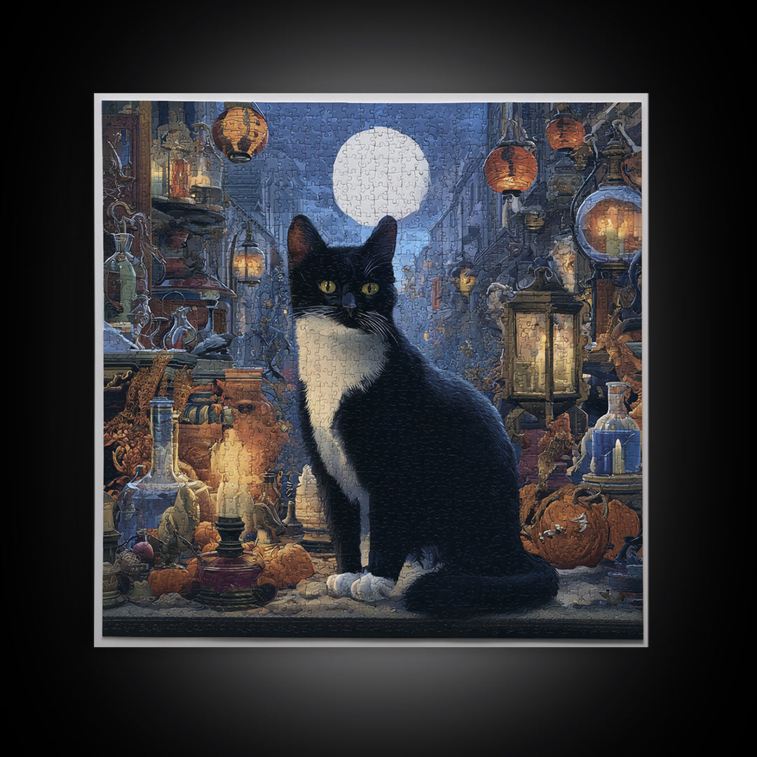 The Witch'S Cat Cafe, Square Wall Art, Haunted Gothic Art, Framed Canvas Print, Halloween Wall Decor, Gothic Home Decor, Dark Fantasy Art