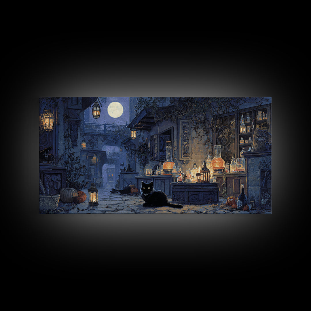 The Witch'S Cat Cafe, Wide Panoramic Art, Dark Fantasy Wall Art, Canvas Print, Halloween Wall Decor, Gothic Home Decor, Macabre Wall Art
