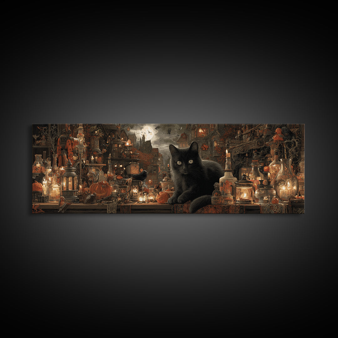 The Witch'S Cat Cafe, Extra Wide Wall Art, Dark Fantasy Wall Art, Canvas Print, Halloween Wall Decor, Gothic Home Decor, Dark Fantasy Art