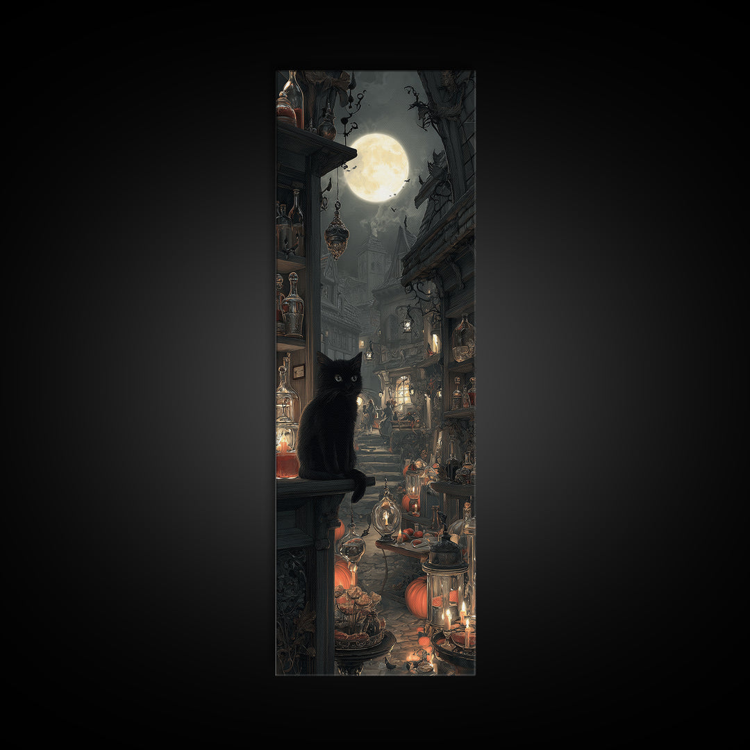 The Witch'S Cat Cafe, Tall Narrow Wall Art, Dark Fantasy Wall Art, Canvas Print, Halloween Wall Decor, Gothic Home Decor, Dark Fantasy Art