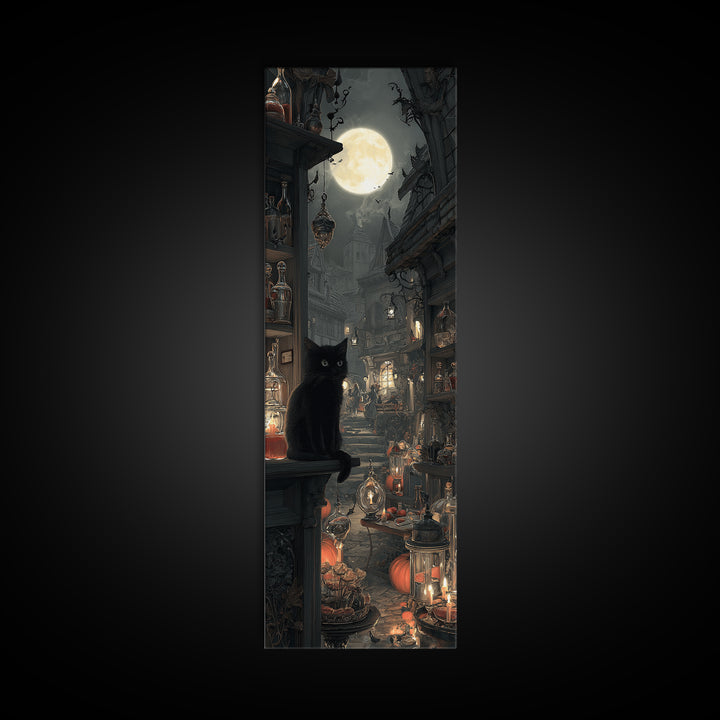 The Witch'S Cat Cafe, Tall Narrow Wall Art, Dark Fantasy Wall Art, Canvas Print, Halloween Wall Decor, Gothic Home Decor, Dark Fantasy Art
