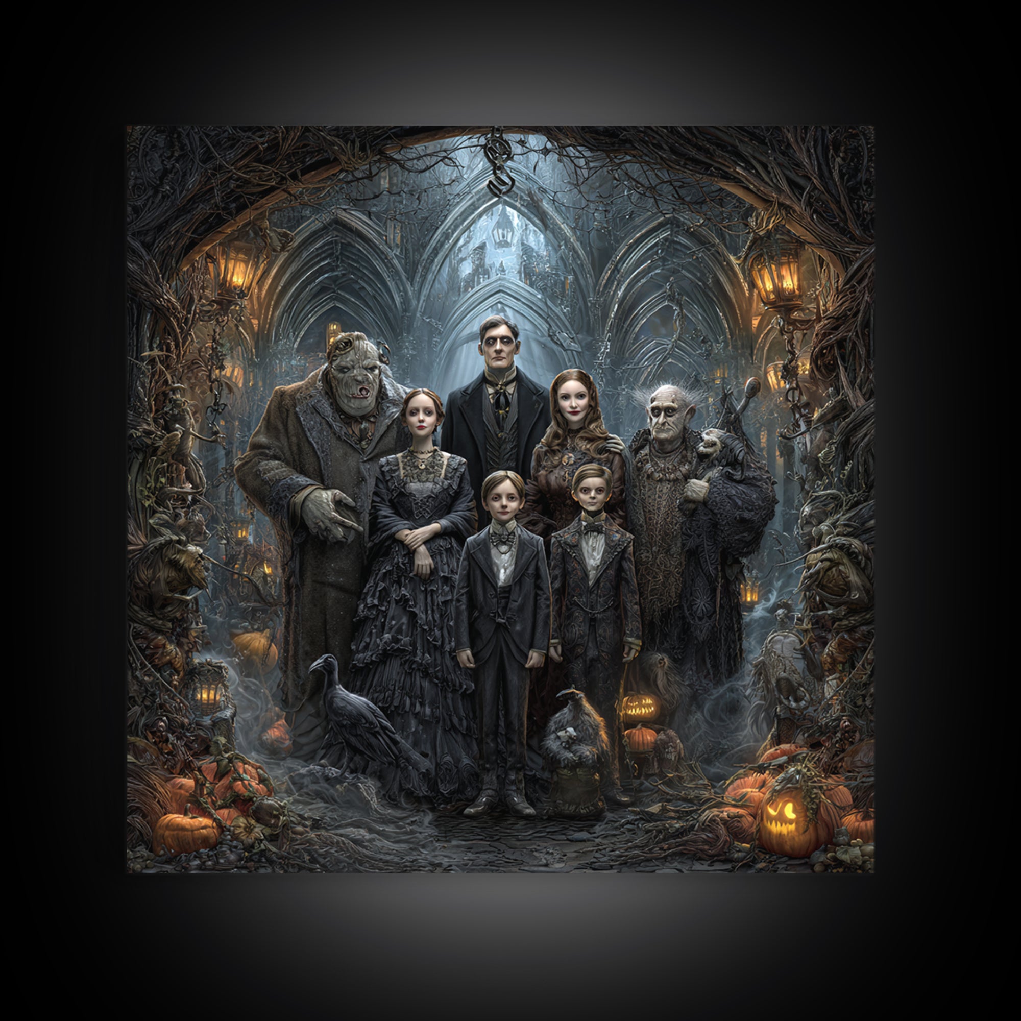 The Monster Family Portrait, Square Wall Art, Gothic Horror Wall Art, Framed Canvas Print, Halloween Wall Decor, Gothic Home Decor
