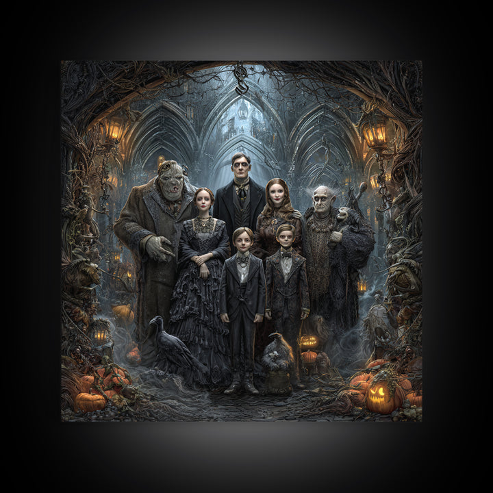 The Monster Family Portrait, Square Wall Art, Gothic Horror Wall Art, Framed Canvas Print, Halloween Wall Decor, Gothic Home Decor