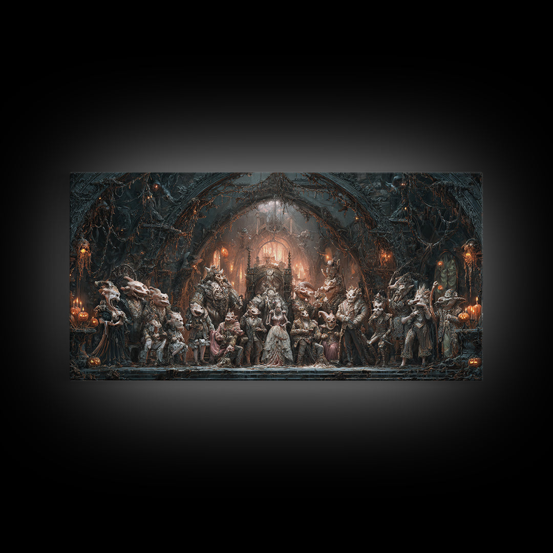 The Monster Family Portrait, Wide Panoramic Art, Haunted Gothic Art, Framed Canvas Print, Halloween Wall Decor, Gothic Home Decor