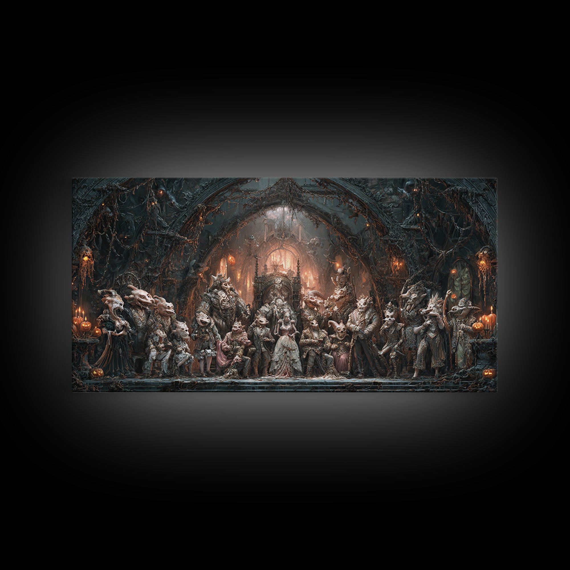 The Monster Family Portrait, Wide Panoramic Art, Haunted Gothic Art, Framed Canvas Print, Halloween Wall Decor, Gothic Home Decor