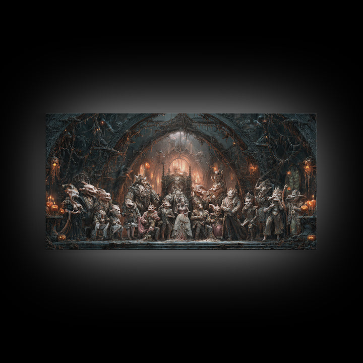 The Monster Family Portrait, Wide Panoramic Art, Haunted Gothic Art, Framed Canvas Print, Halloween Wall Decor, Gothic Home Decor