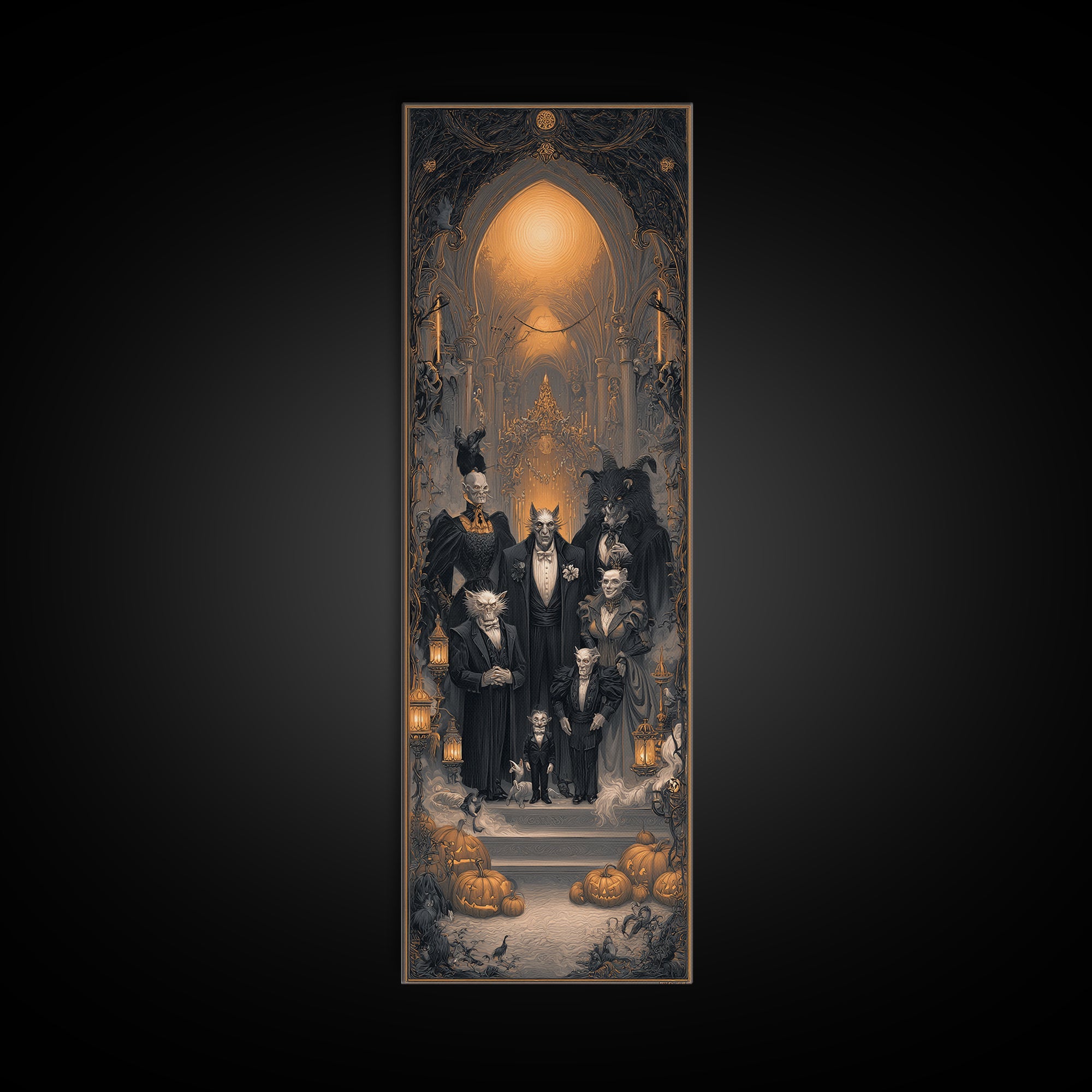 The Monster Family Portrait, Tall Narrow Wall Art, Spooky Home Decor, Canvas Print, Halloween Wall Decor, Gothic Home Decor