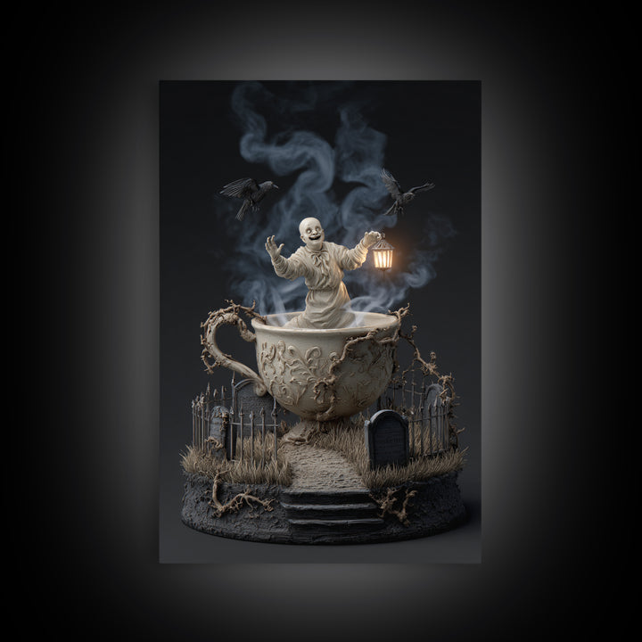 Tiny Ghosts In Teacups, Vertical Wall Art, Dark Fantasy Wall Art, Canvas Print, Halloween Wall Decor, Gothic Home Decor, Macabre Wall Art
