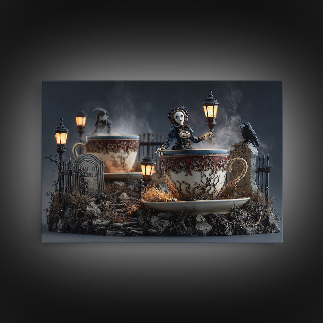 Tiny Ghosts In Teacups, Landscape Wall Art, Dark Halloween Decor, Canvas Print, Halloween Wall Decor, Gothic Home Decor