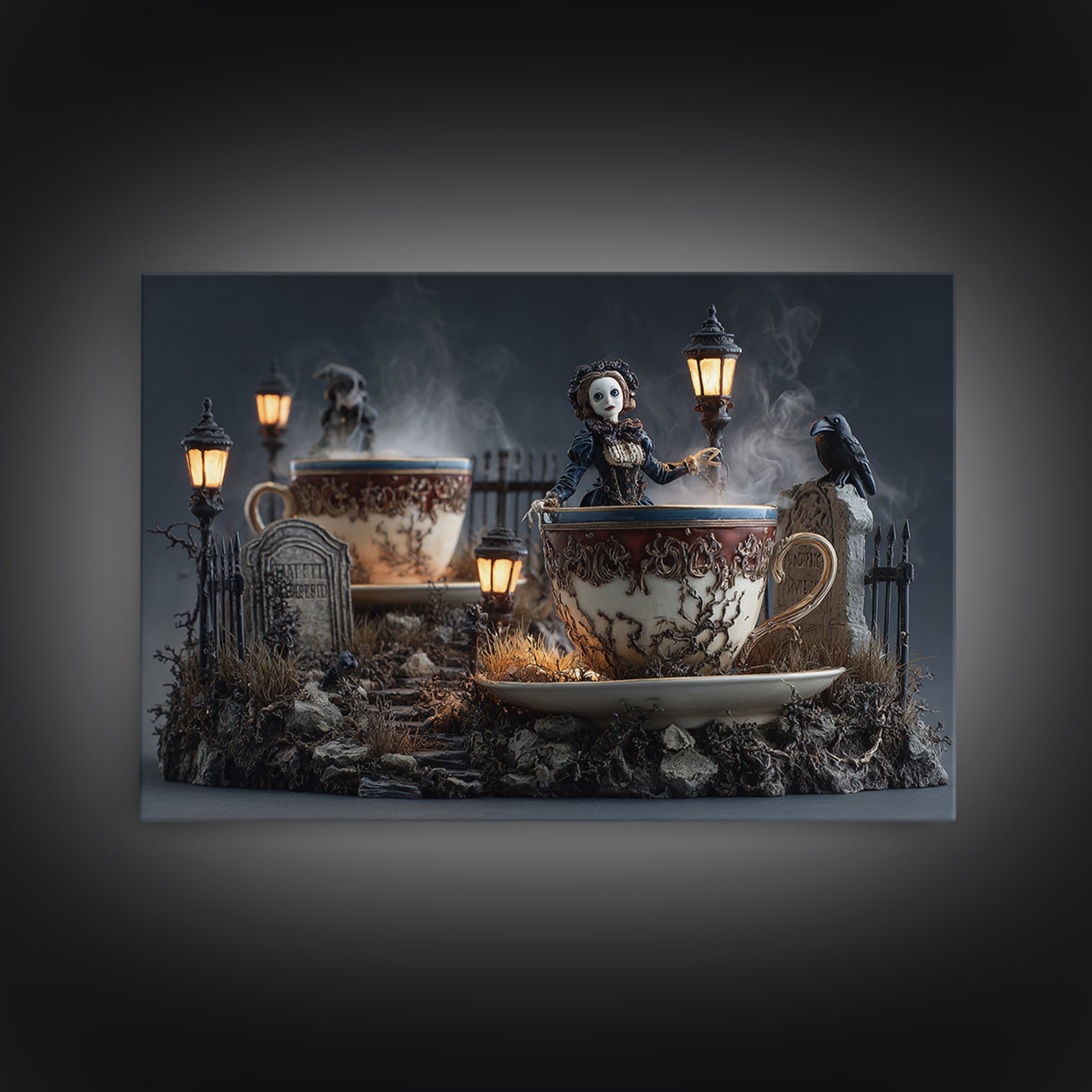 Tiny Ghosts In Teacups, Landscape Wall Art, Dark Halloween Decor, Canvas Print, Halloween Wall Decor, Gothic Home Decor