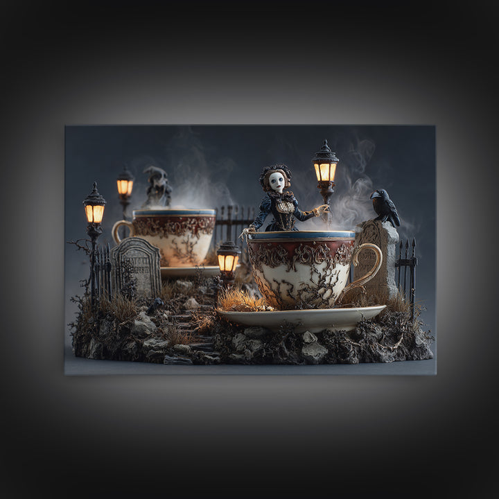 Tiny Ghosts In Teacups, Landscape Wall Art, Dark Halloween Decor, Canvas Print, Halloween Wall Decor, Gothic Home Decor