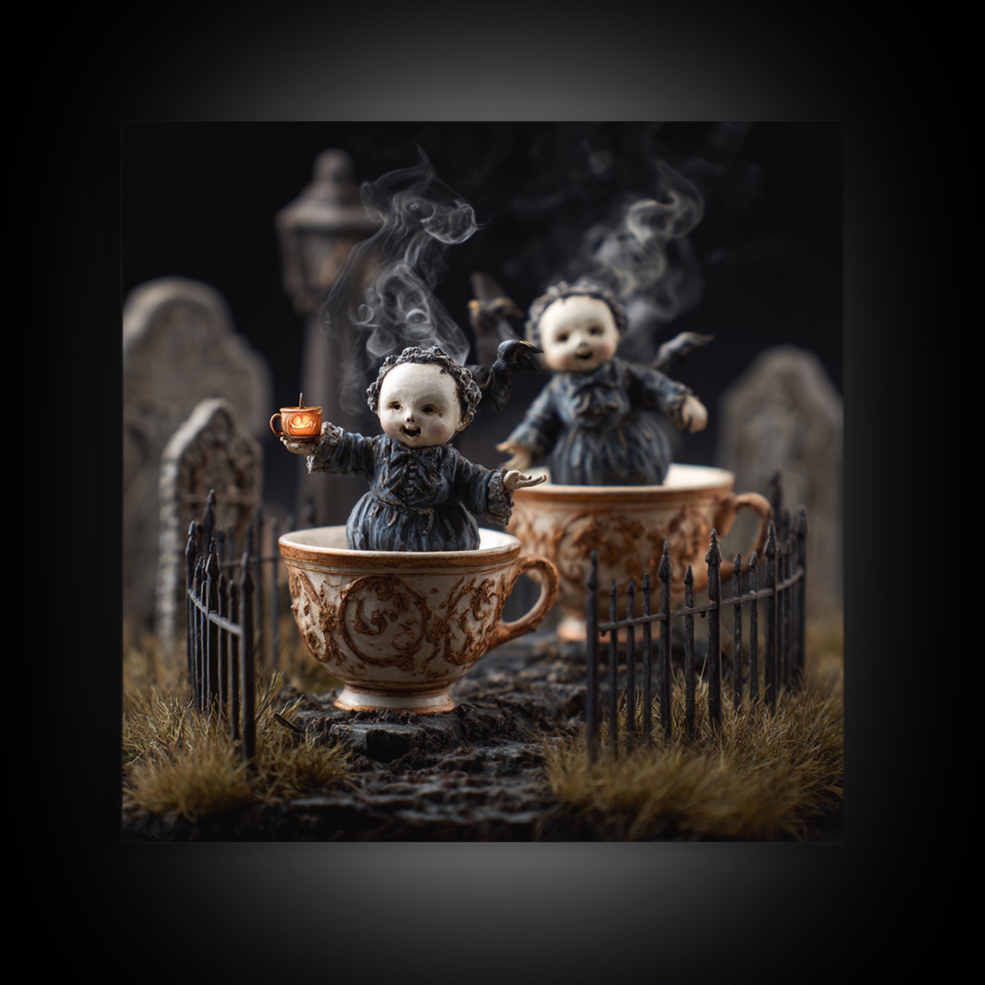 Tiny Ghosts In Teacups, Square Wall Art, Spooky Home Decor, Canvas Print, Halloween Wall Decor, Gothic Home Decor, Horror Wall Art