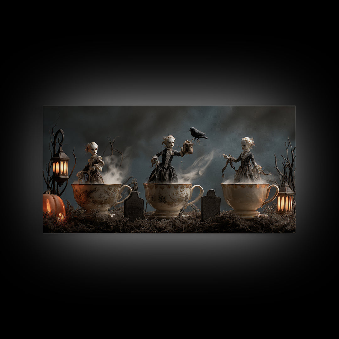 Tiny Ghosts In Teacups, Wide Panoramic Art, Haunted Gothic Art, Framed Canvas Print, Halloween Wall Decor, Gothic Home Decor