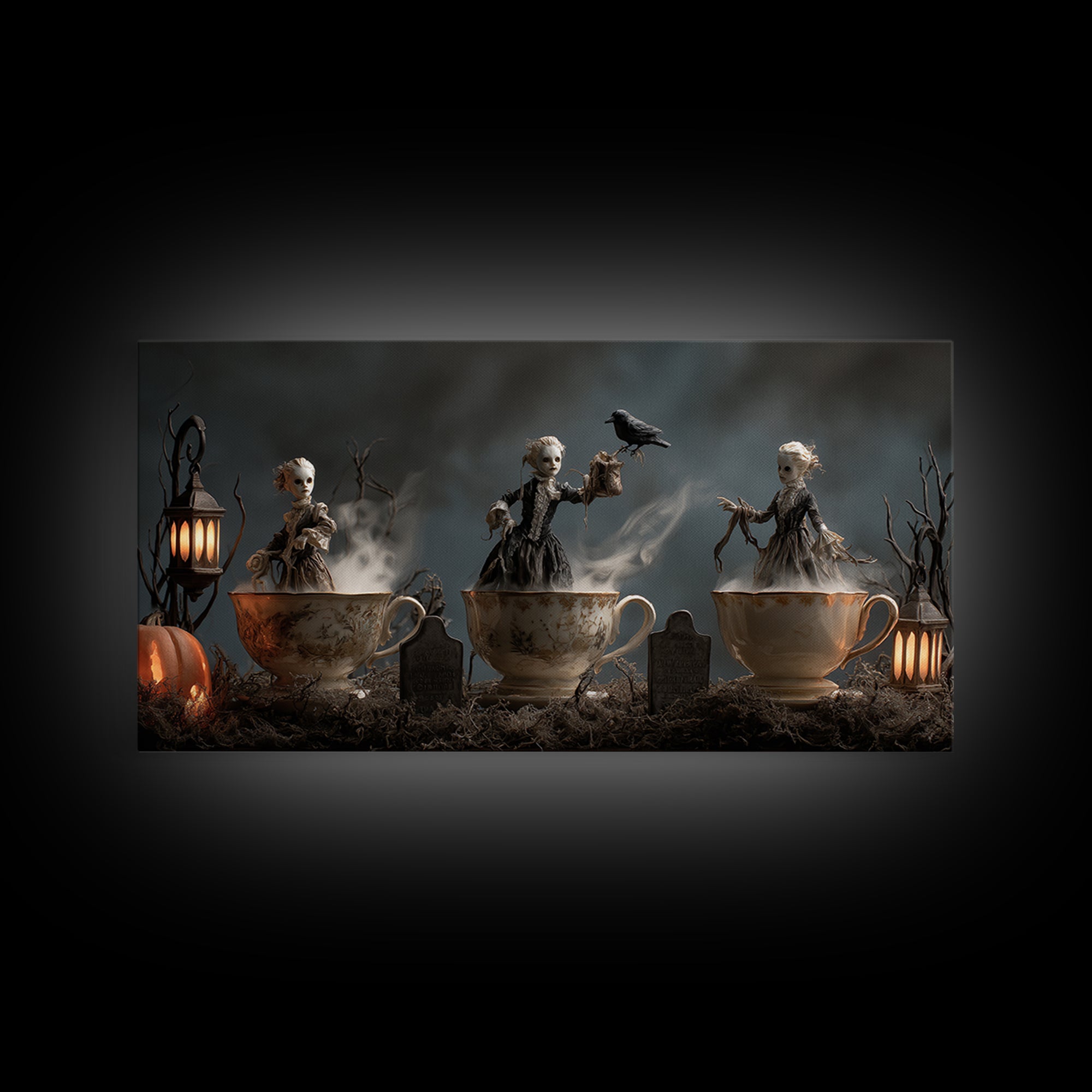Tiny Ghosts In Teacups, Wide Panoramic Art, Haunted Gothic Art, Framed Canvas Print, Halloween Wall Decor, Gothic Home Decor