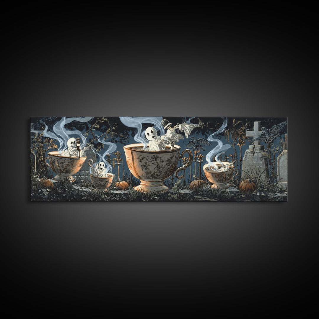 Tiny Ghosts In Teacups, Extra Wide Wall Art, Spooky Home Decor, Canvas Print, Halloween Wall Decor, Gothic Home Decor, Spooky Wall Decor
