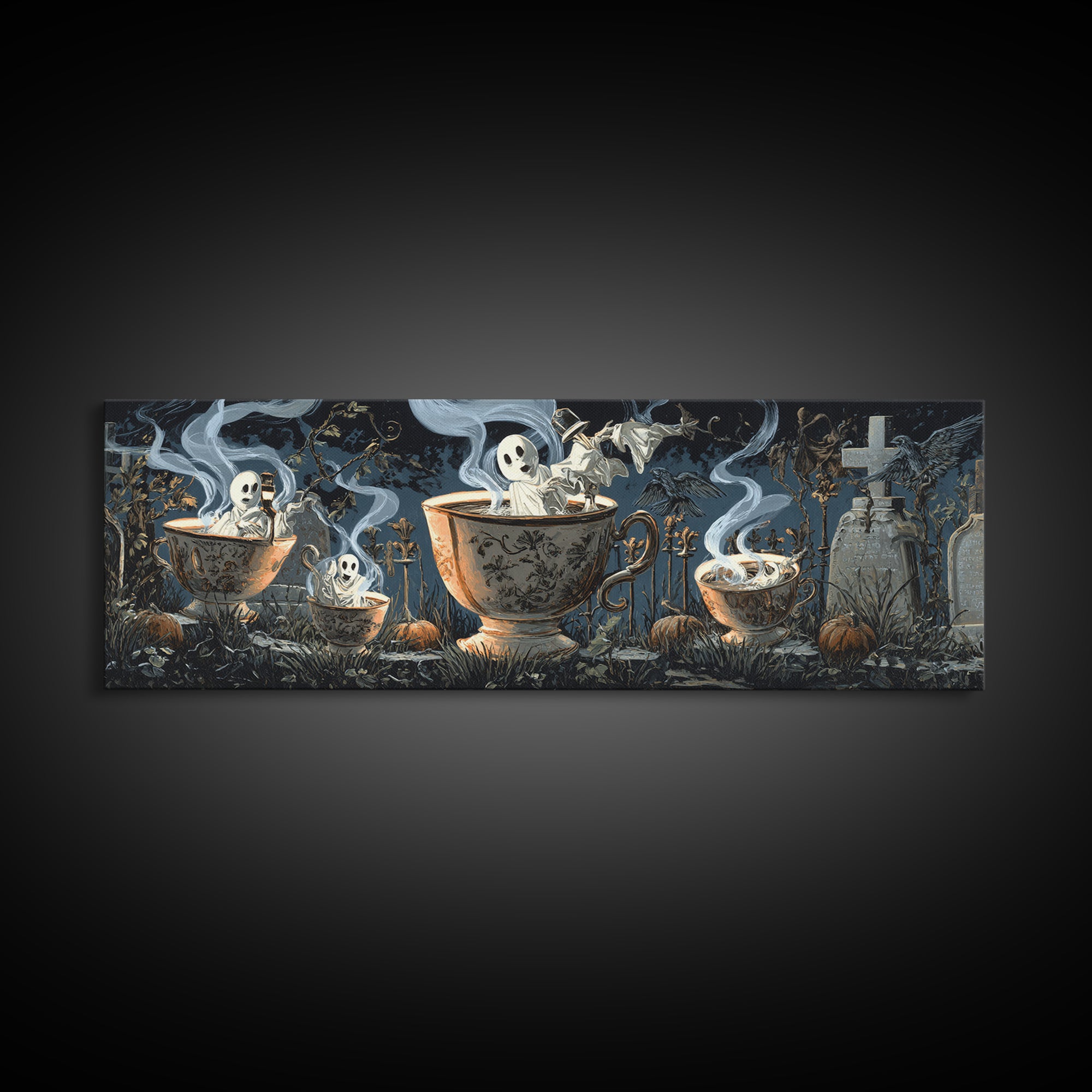 Tiny Ghosts In Teacups, Extra Wide Wall Art, Spooky Home Decor, Canvas Print, Halloween Wall Decor, Gothic Home Decor, Spooky Wall Decor