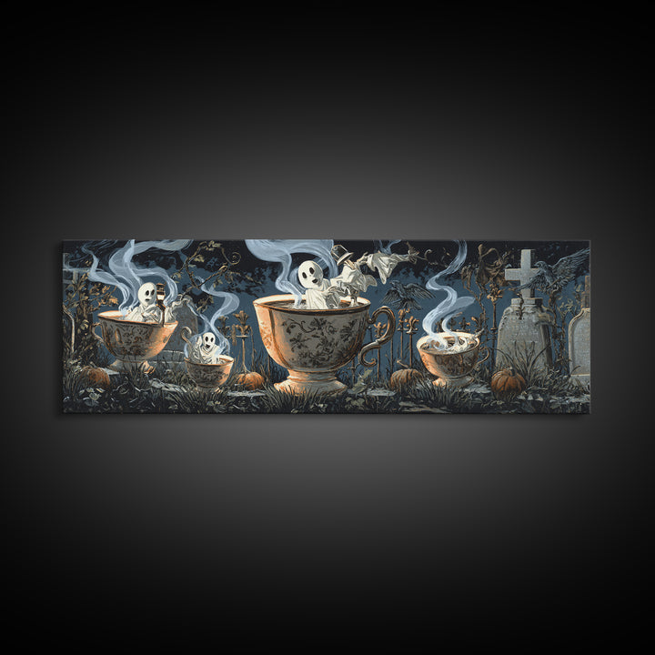 Tiny Ghosts In Teacups, Extra Wide Wall Art, Spooky Home Decor, Canvas Print, Halloween Wall Decor, Gothic Home Decor, Spooky Wall Decor