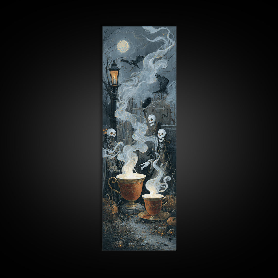 Tiny Ghosts In Teacups, Tall Narrow Wall Art, Macabre Wall Art, Framed Canvas Print, Halloween Wall Decor, Gothic Home Decor
