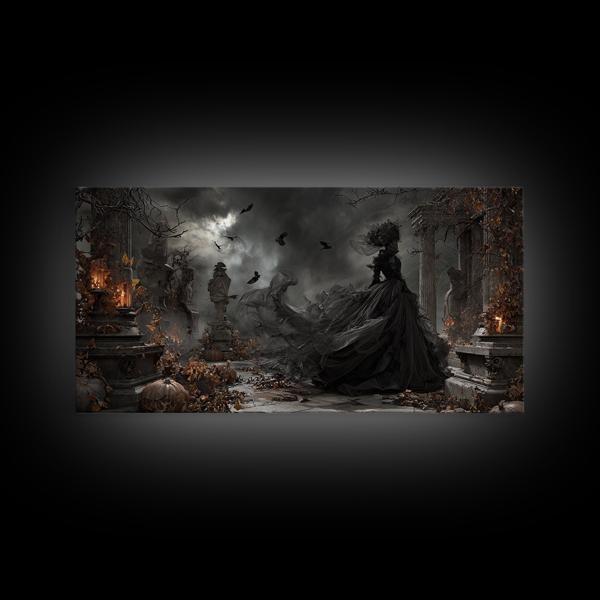 The Spider Sewing Circle, Wide Panoramic Art, Haunted Gothic Art, Framed Canvas Print, Halloween Wall Decor, Gothic Home Decor
