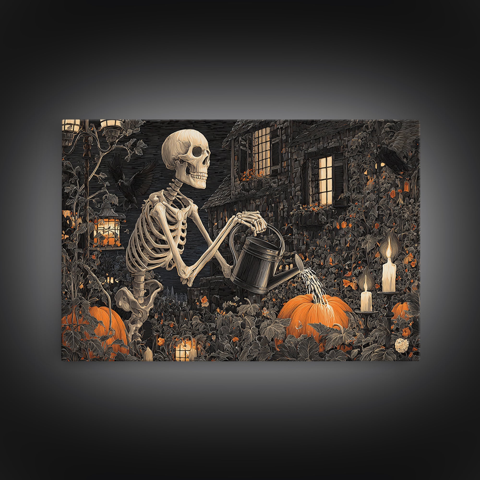The Skeleton Gardeners, Landscape Wall Art, Gothic Horror Wall Art, Framed Canvas Print, Halloween Wall Decor, Gothic Home Decor