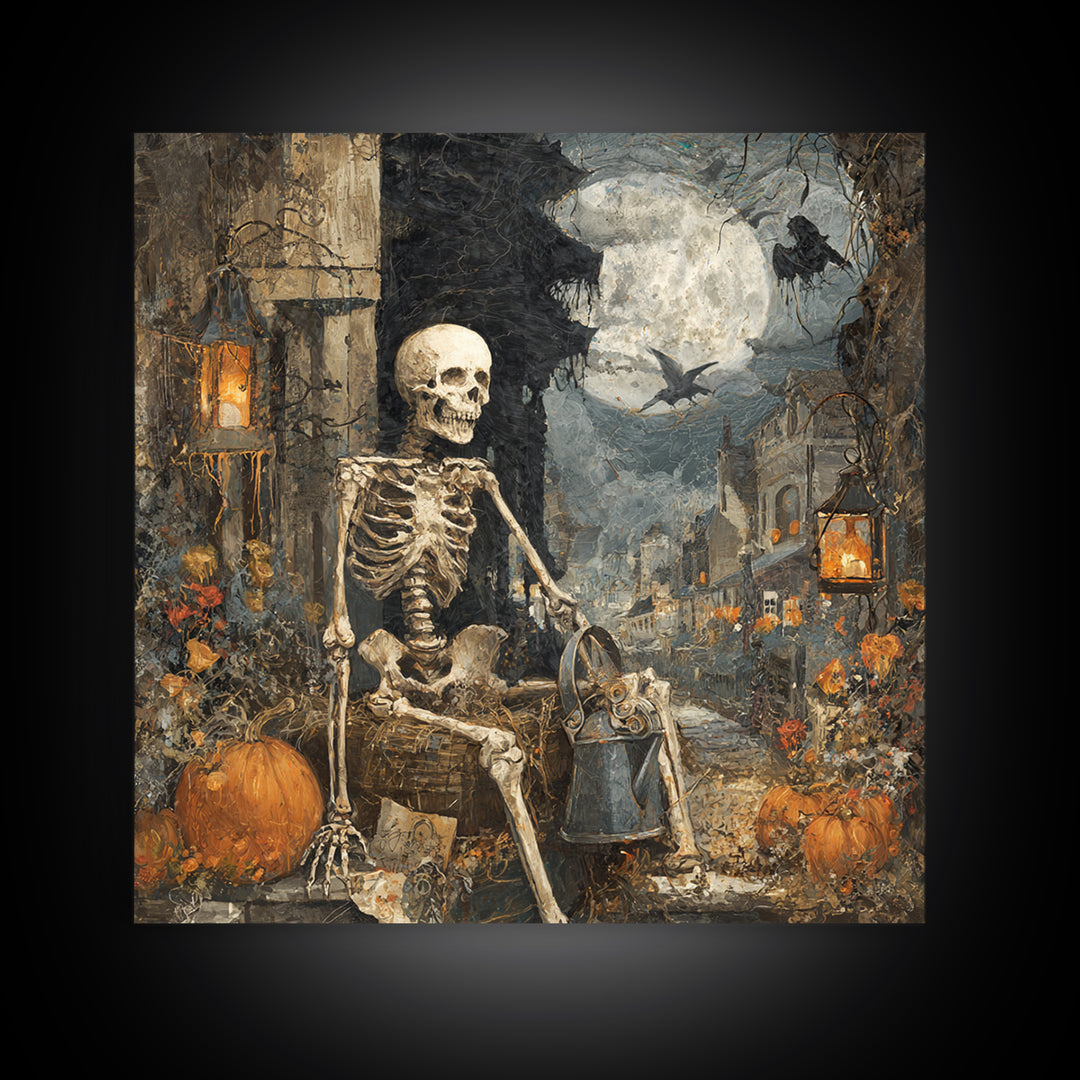 The Skeleton Gardeners, Square Wall Art, Macabre Wall Art, Framed Canvas Print, Halloween Wall Decor, Gothic Home Decor