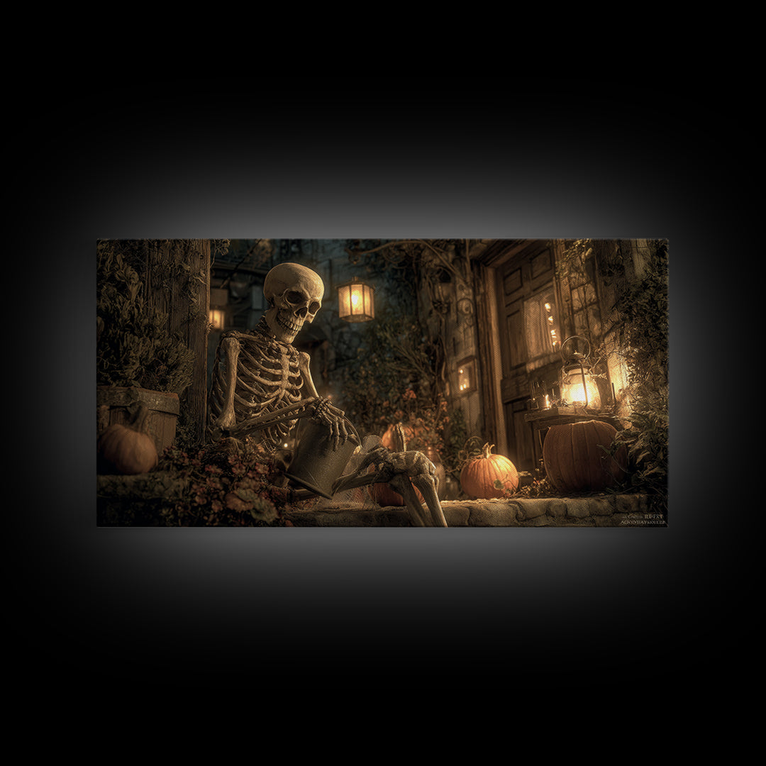The Skeleton Gardeners, Wide Panoramic Art, Dark Fantasy Wall Art, Canvas Print, Halloween Wall Decor, Gothic Home Decor, Spooky Wall Decor