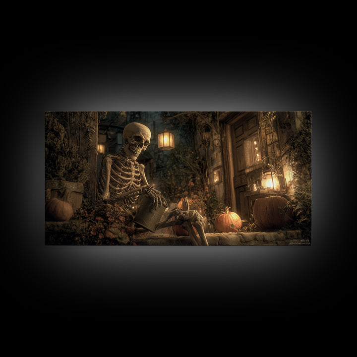 The Skeleton Gardeners, Wide Panoramic Art, Dark Fantasy Wall Art, Canvas Print, Halloween Wall Decor, Gothic Home Decor, Spooky Wall Decor