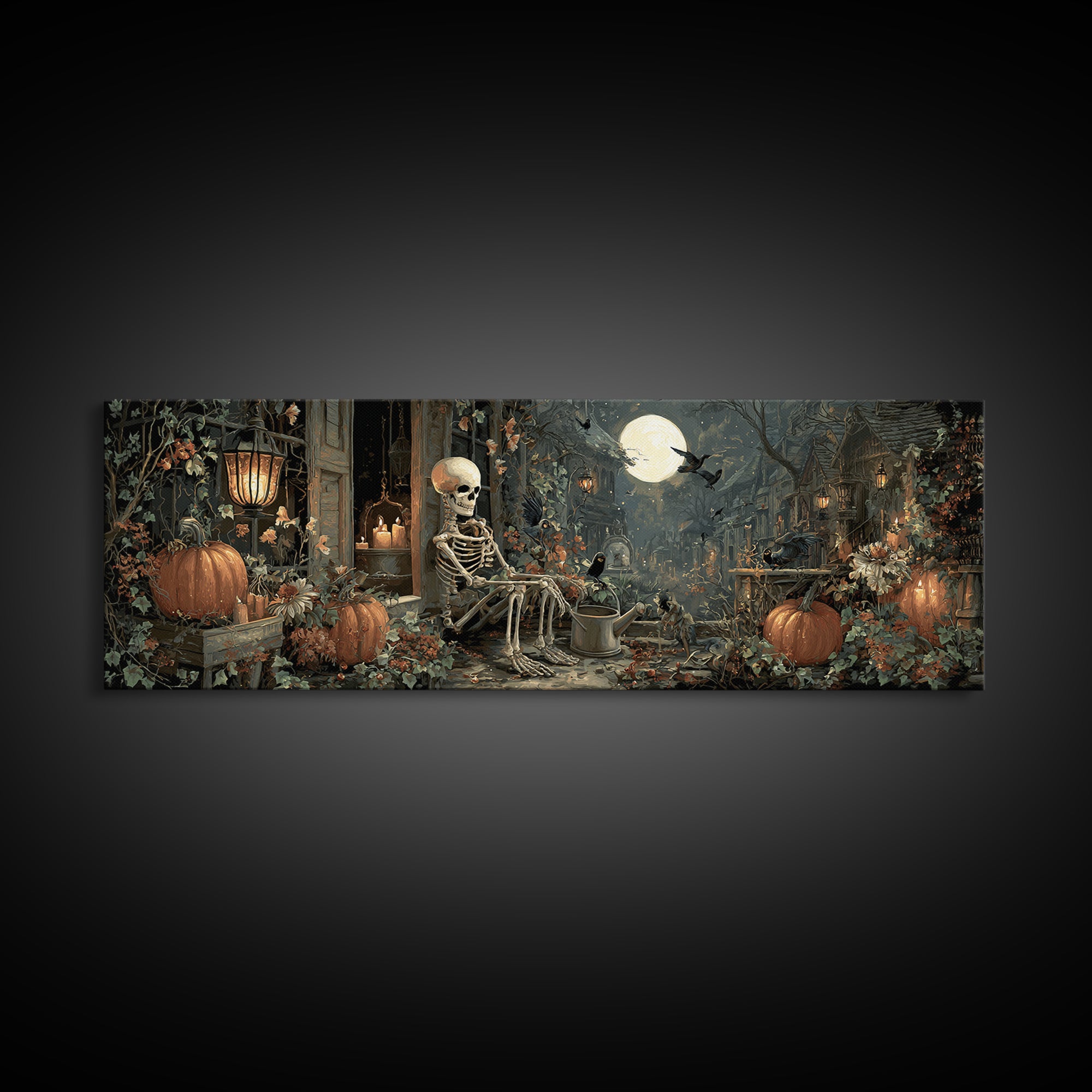 The Skeleton Gardeners, Extra Wide Wall Art, Gothic Horror Wall Art, Framed Canvas Print, Halloween Wall Decor, Gothic Home Decor