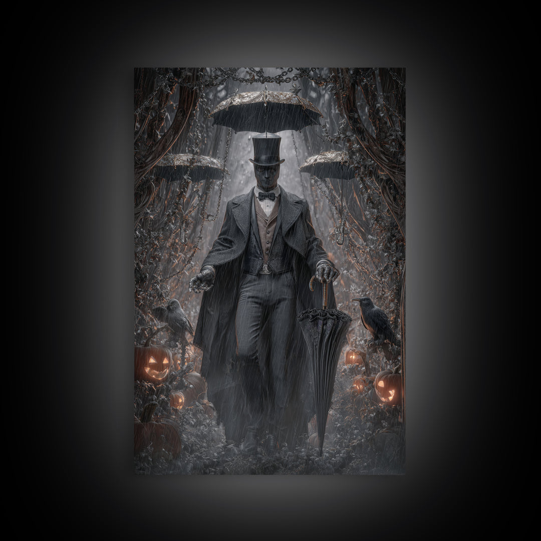 The Bat Umbrella Salesman, Vertical Wall Art, Dark Halloween Decor, Canvas Print, Halloween Wall Decor, Gothic Home Decor