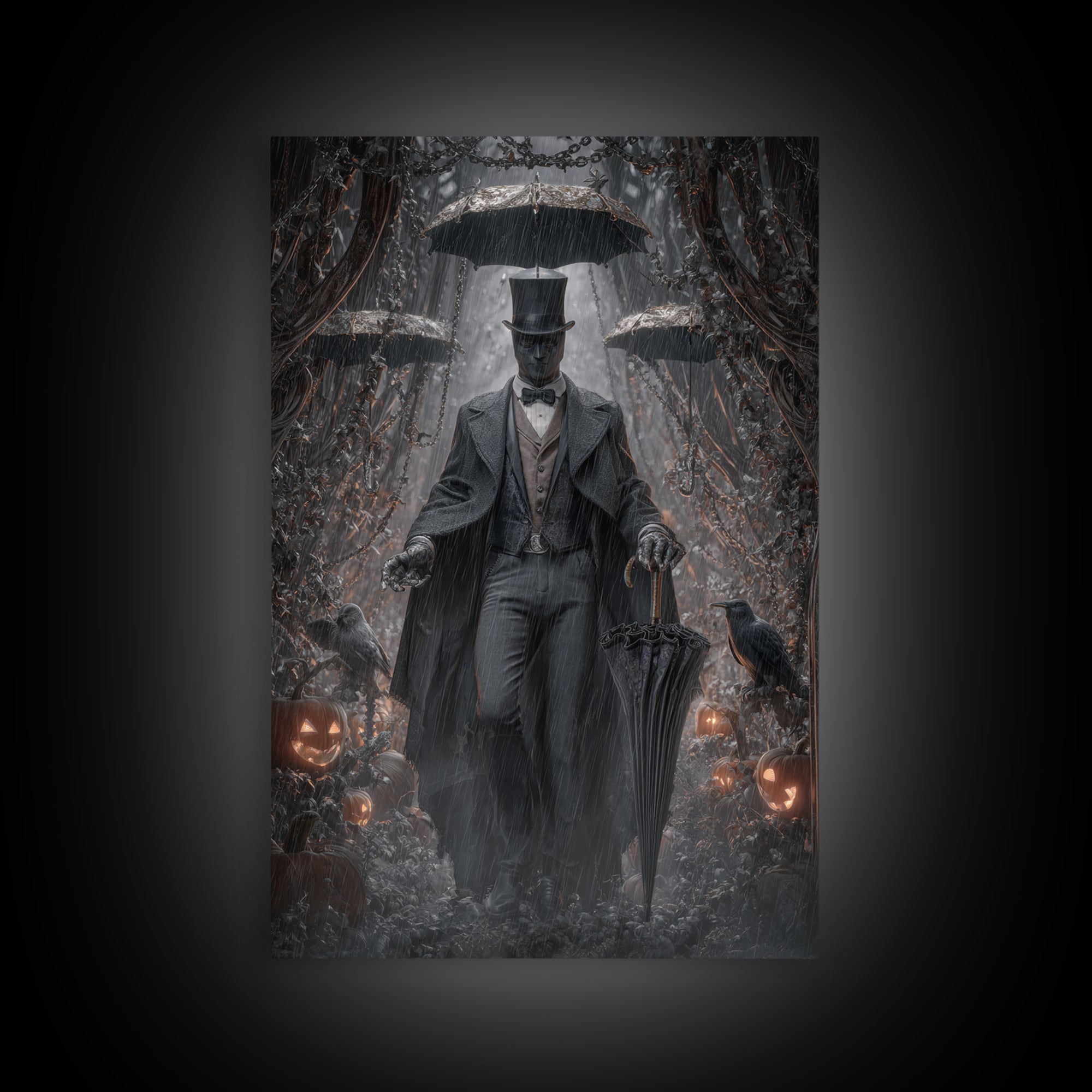 The Bat Umbrella Salesman, Vertical Wall Art, Dark Halloween Decor, Canvas Print, Halloween Wall Decor, Gothic Home Decor