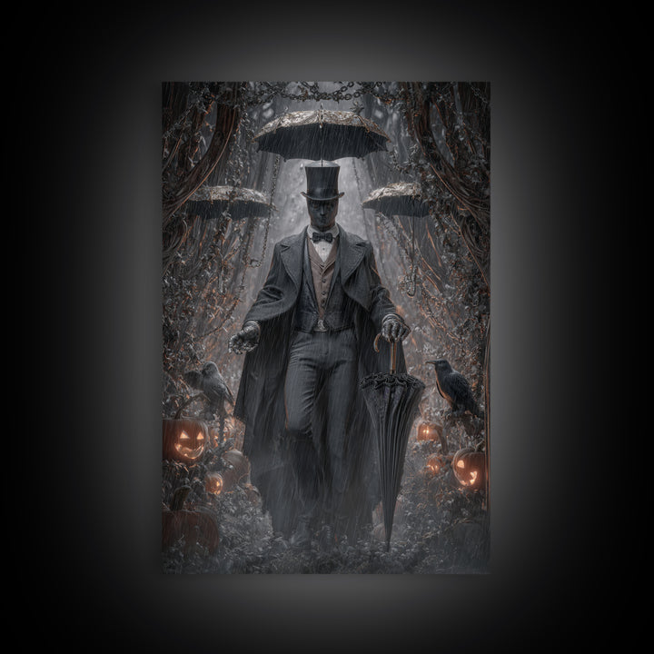 The Bat Umbrella Salesman, Vertical Wall Art, Dark Halloween Decor, Canvas Print, Halloween Wall Decor, Gothic Home Decor