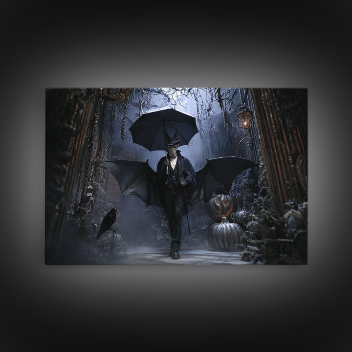 The Bat Umbrella Salesman, Landscape Wall Art, Gothic Horror Wall Art, Framed Canvas Print, Halloween Wall Decor, Gothic Home Decor