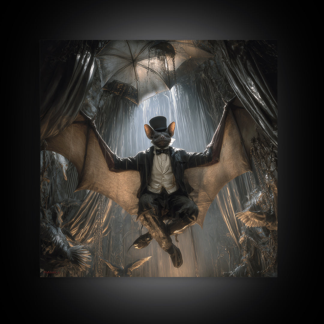 The Bat Umbrella Salesman, Square Wall Art, Gothic Horror Wall Art, Framed Canvas Print, Halloween Wall Decor, Gothic Home Decor
