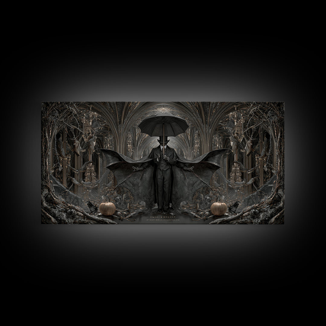 The Bat Umbrella Salesman, Wide Panoramic Art, Dark Fantasy Wall Art, Canvas Print, Halloween Wall Decor, Gothic Home Decor