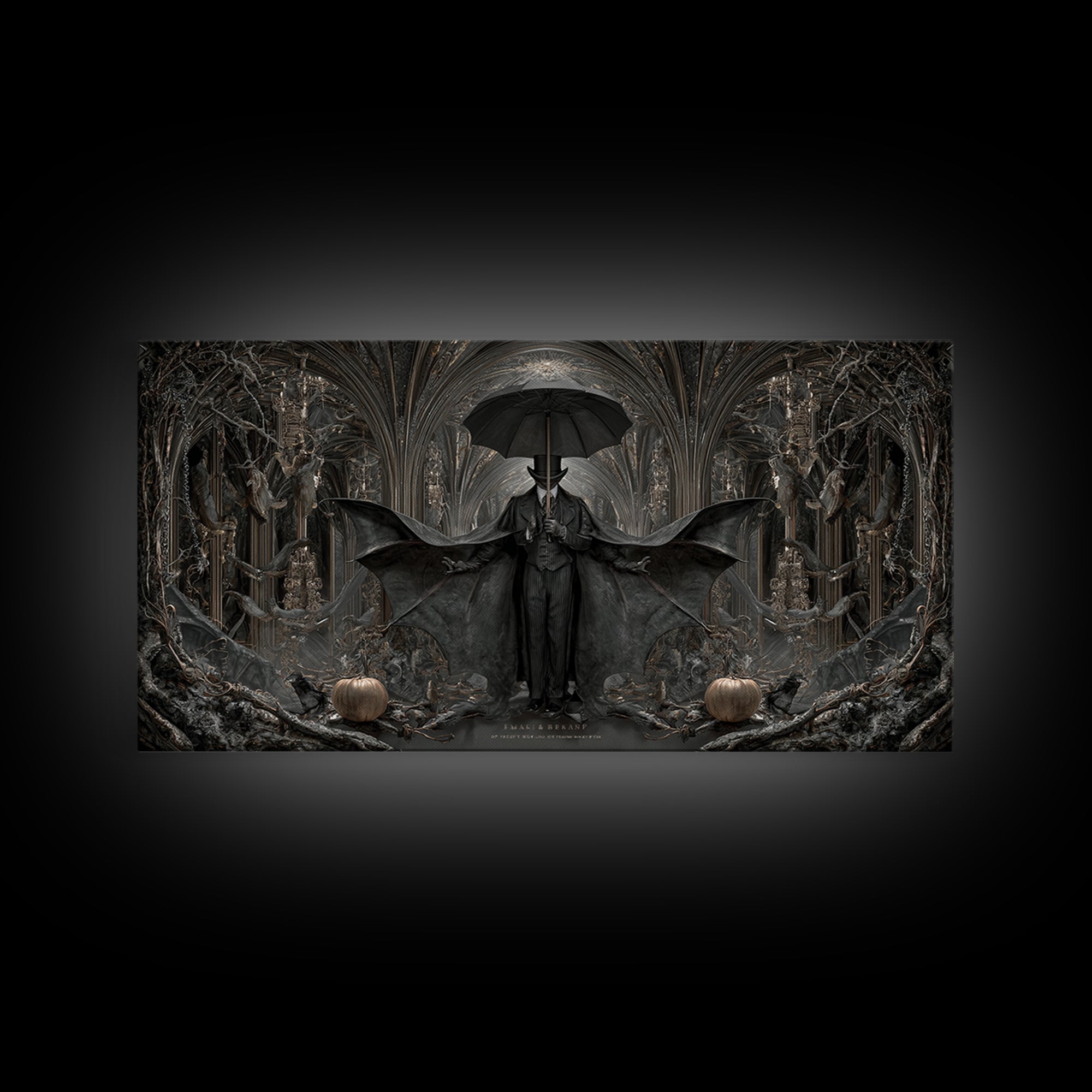 The Bat Umbrella Salesman, Wide Panoramic Art, Dark Fantasy Wall Art, Canvas Print, Halloween Wall Decor, Gothic Home Decor
