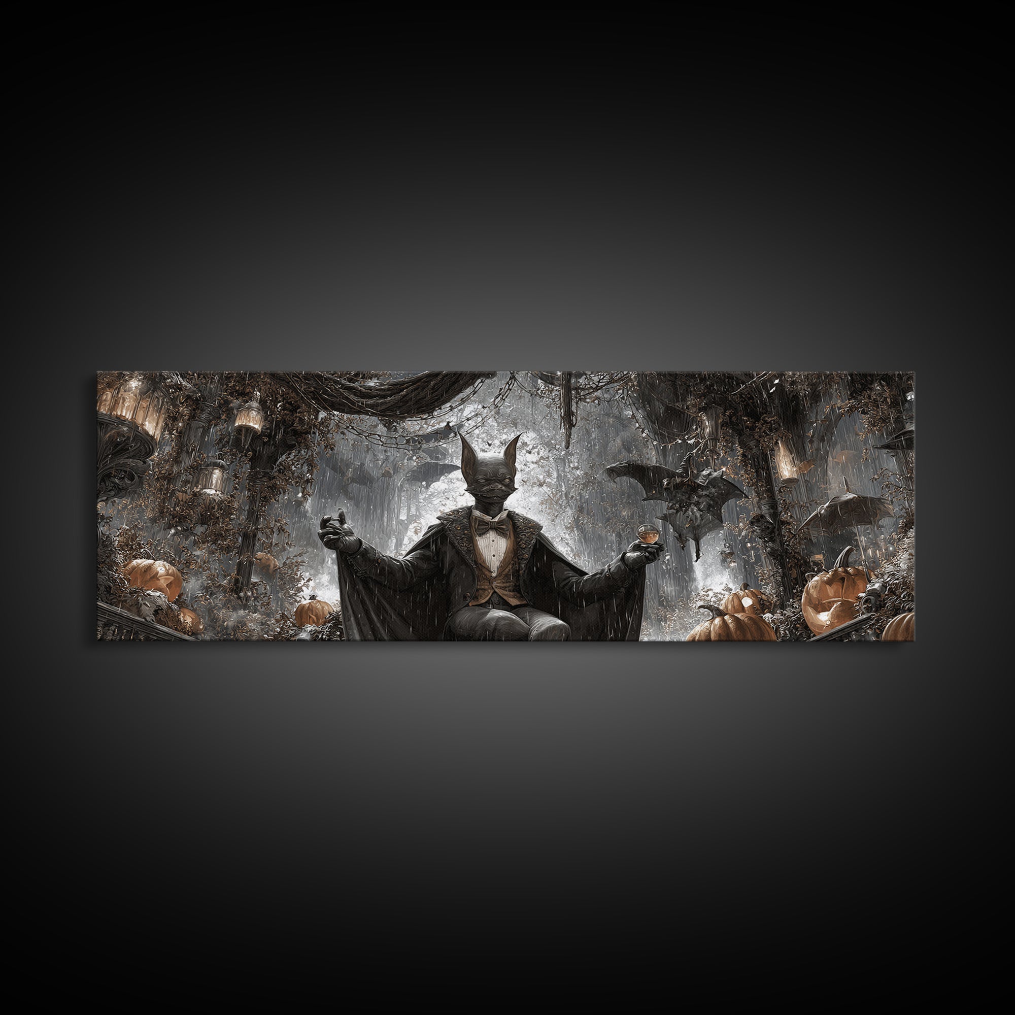 The Bat Umbrella Salesman, Extra Wide Wall Art, Macabre Wall Art, Framed Canvas Print, Halloween Wall Decor, Gothic Home Decor