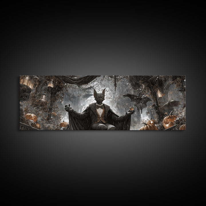 The Bat Umbrella Salesman, Extra Wide Wall Art, Macabre Wall Art, Framed Canvas Print, Halloween Wall Decor, Gothic Home Decor