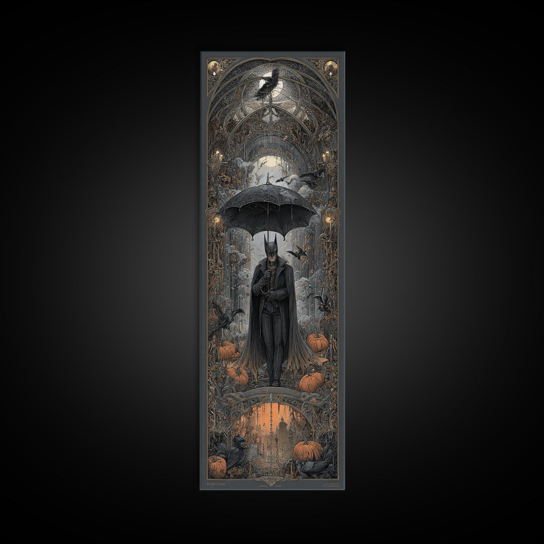 The Bat Umbrella Salesman, Tall Narrow Wall Art, Dark Halloween Decor, Canvas Print, Halloween Wall Decor, Gothic Home Decor