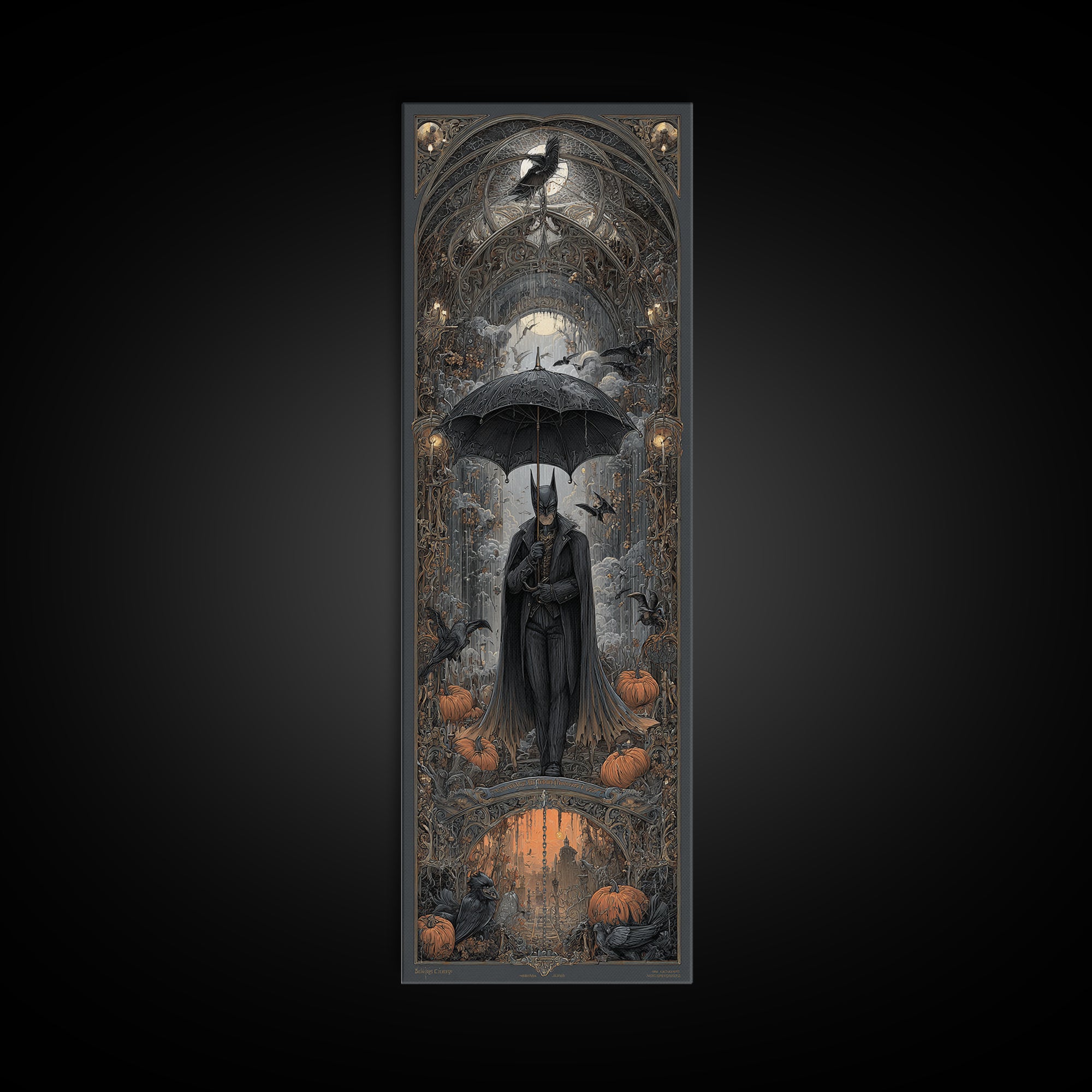 The Bat Umbrella Salesman, Tall Narrow Wall Art, Dark Halloween Decor, Canvas Print, Halloween Wall Decor, Gothic Home Decor
