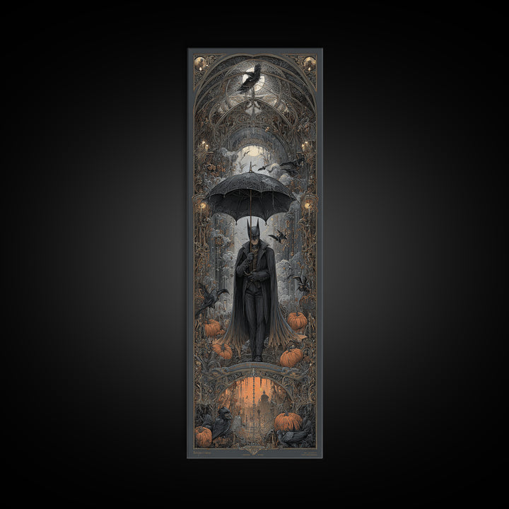The Bat Umbrella Salesman, Tall Narrow Wall Art, Dark Halloween Decor, Canvas Print, Halloween Wall Decor, Gothic Home Decor