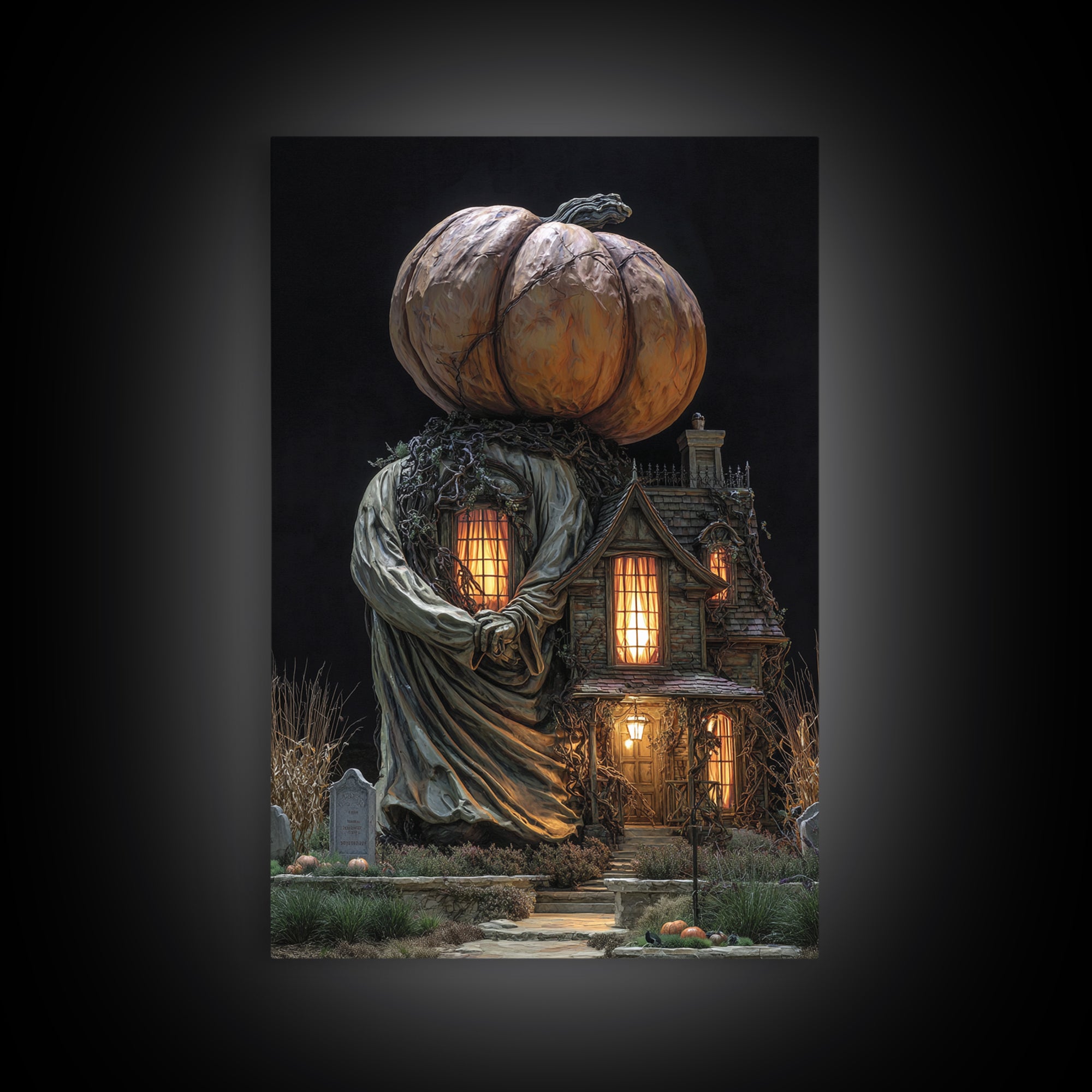 The Pumpkin-House Neighborhood, Vertical Wall Art, Macabre Wall Art, Framed Canvas Print, Halloween Wall Decor, Gothic Home Decor