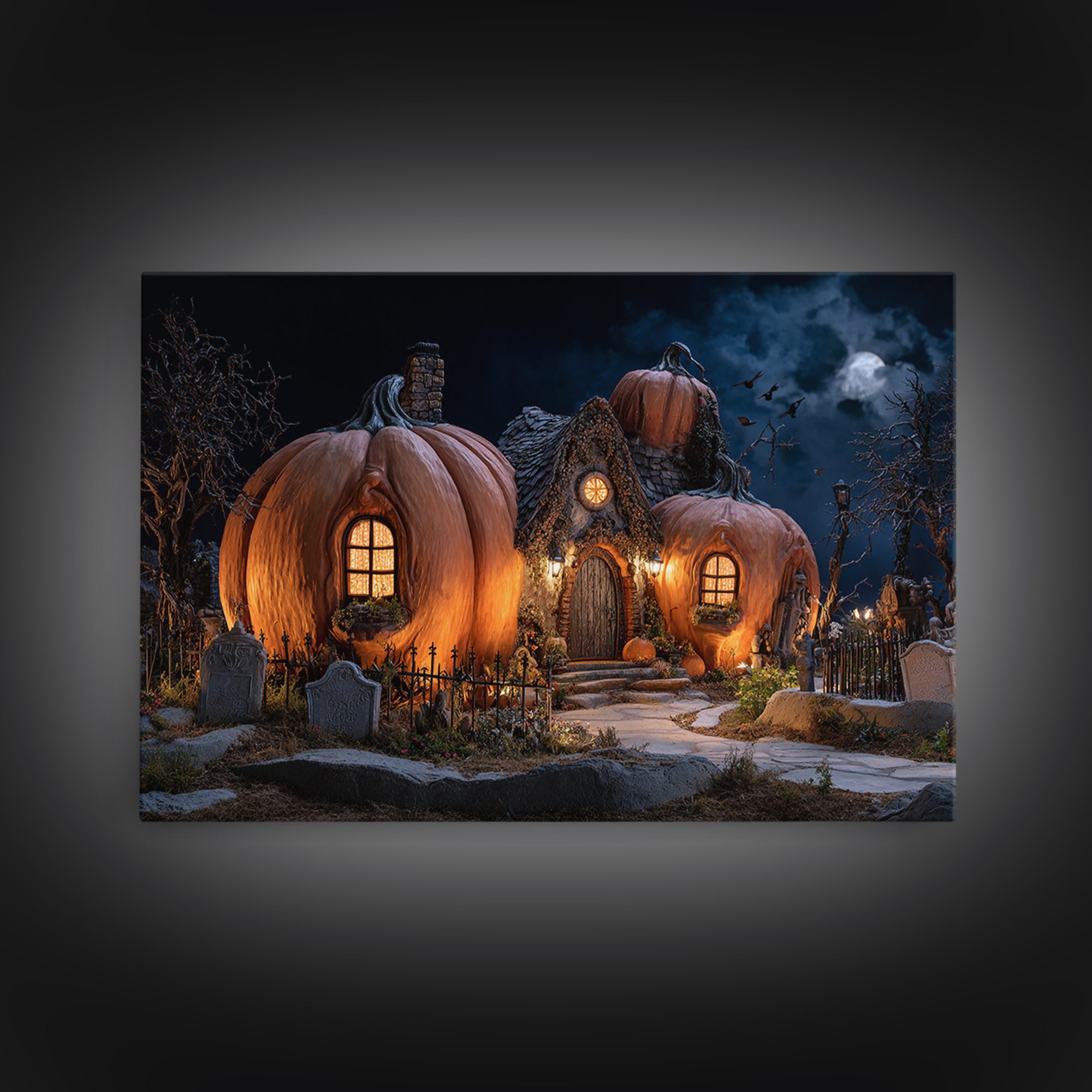 The Pumpkin-House Neighborhood, Landscape Wall Art, Dark Halloween Decor, Canvas Print, Halloween Wall Decor, Gothic Home Decor
