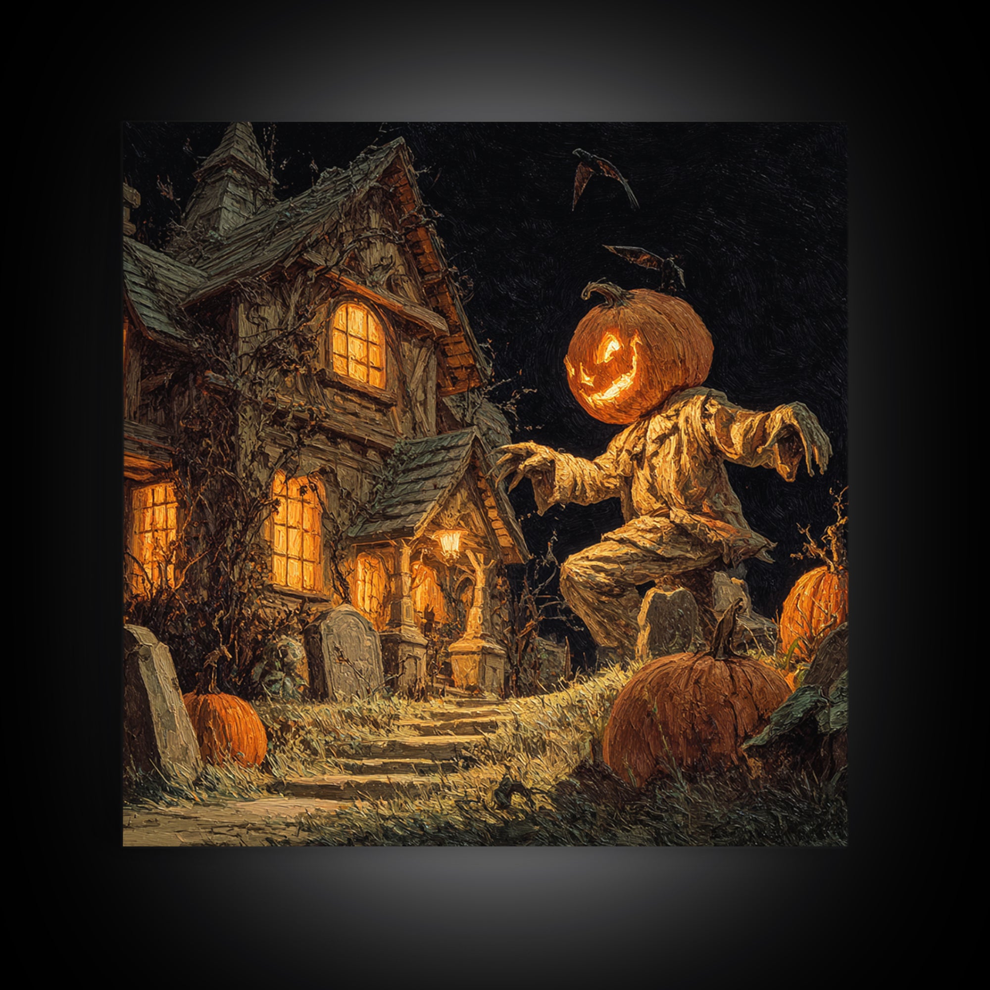 The Pumpkin-House Neighborhood, Square Wall Art, Dark Fantasy Wall Art, Canvas Print, Halloween Wall Decor, Gothic Home Decor