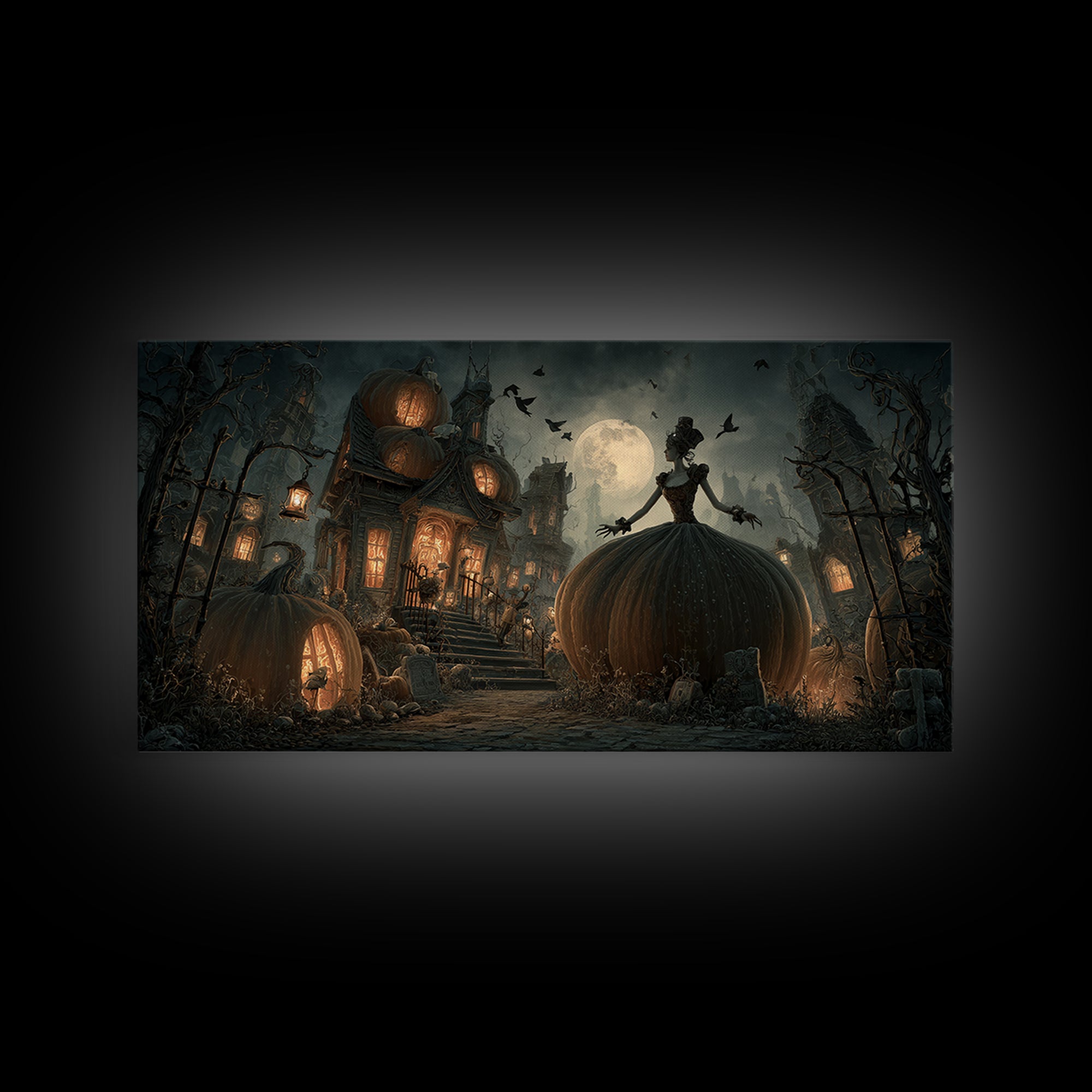 The Pumpkin-House Neighborhood, Wide Panoramic Art, Gothic Horror Wall Art, Framed Canvas Print, Halloween Wall Decor, Gothic Home Decor