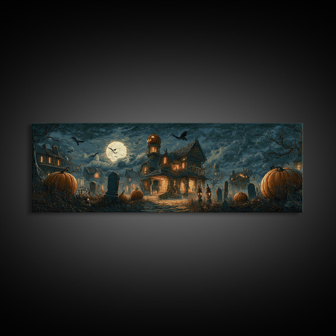 The Pumpkin-House Neighborhood, Extra Wide Wall Art, Spooky Home Decor, Canvas Print, Halloween Wall Decor, Gothic Home Decor