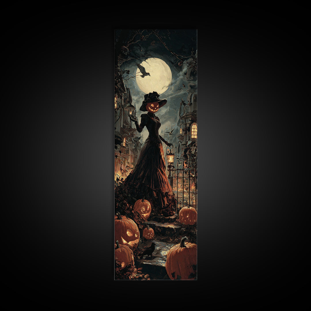The Pumpkin-House Neighborhood, Tall Narrow Wall Art, Macabre Wall Art, Framed Canvas Print, Halloween Wall Decor, Gothic Home Decor