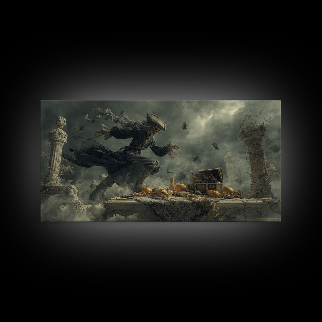 The Ghost Pirate Picnic, Wide Panoramic Art, Haunted Gothic Art, Framed Canvas Print, Halloween Wall Decor, Gothic Home Decor