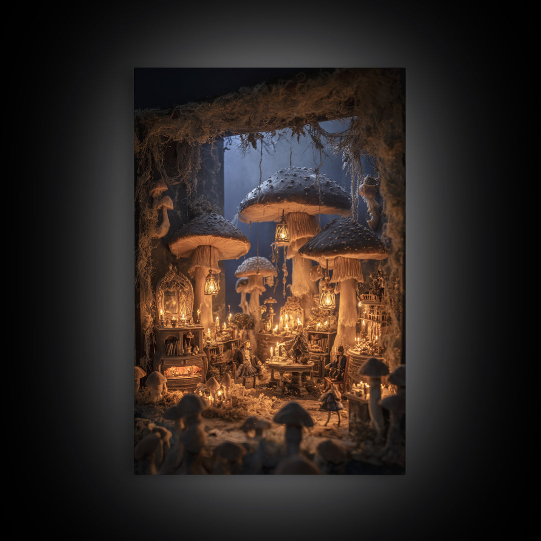 The Moonlit Mushroom Village, Vertical Wall Art, Dark Halloween Decor, Canvas Print, Halloween Wall Decor, Gothic Home Decor