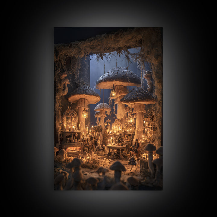 The Moonlit Mushroom Village, Vertical Wall Art, Dark Halloween Decor, Canvas Print, Halloween Wall Decor, Gothic Home Decor